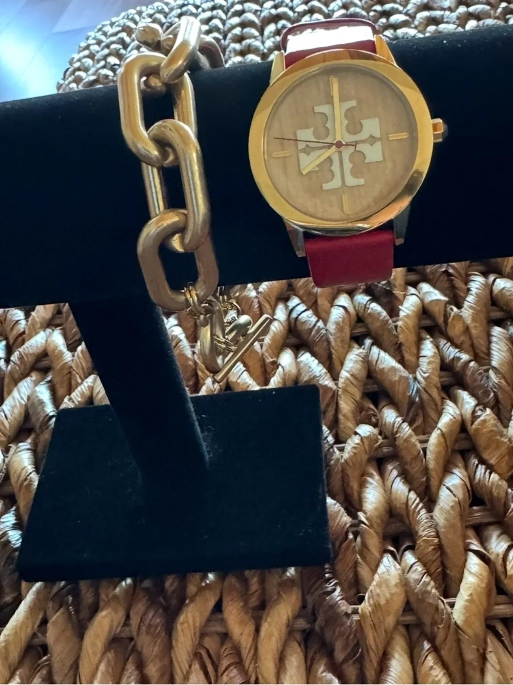 Tory Burch Red Leather Reva Watch with Gold Case 36 mm